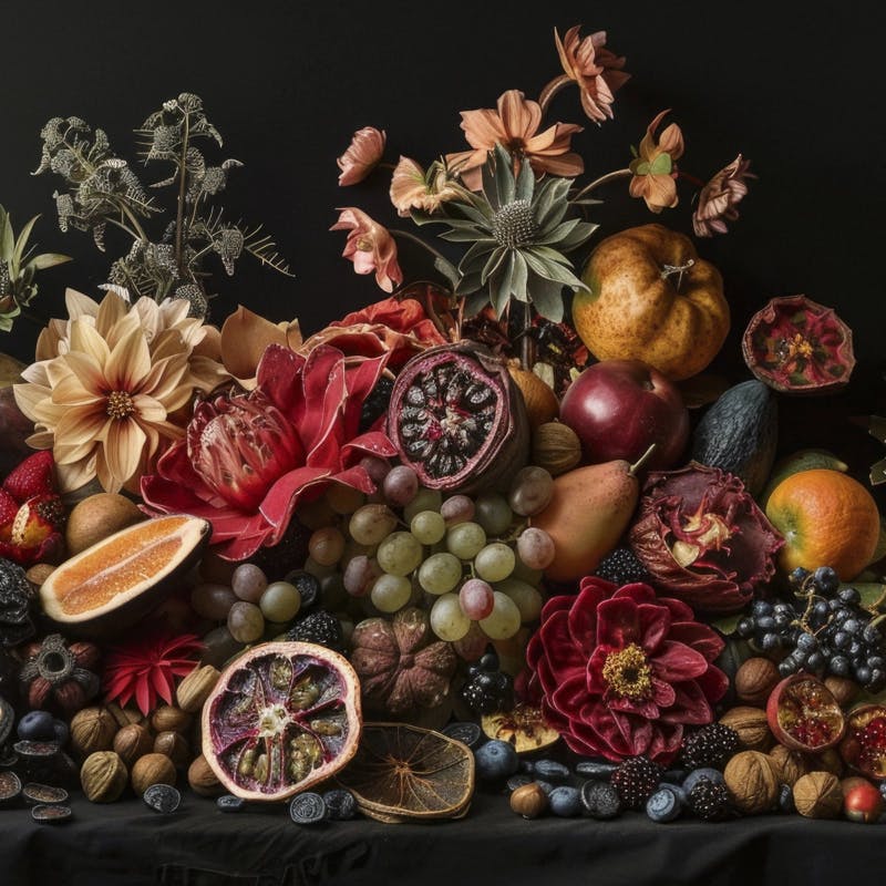 Arrangement with decorative dried fruits vegetables